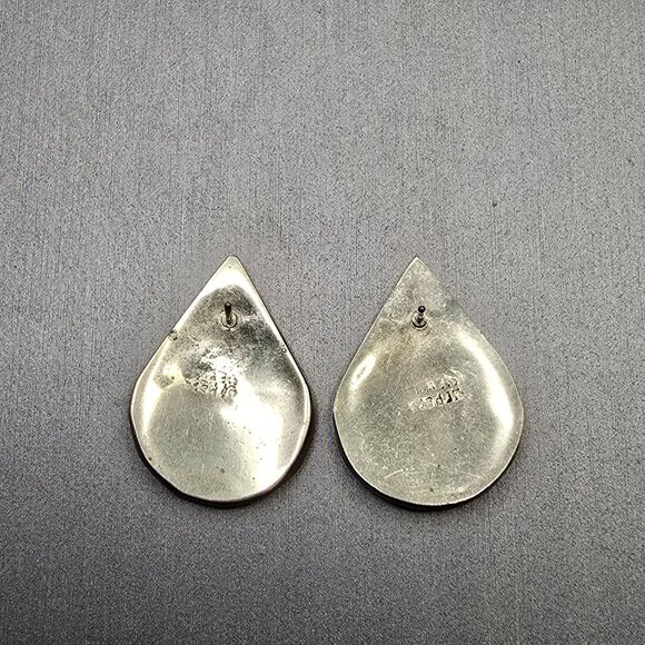 VTG Alpaca Silver Abalone Enamel Earrings 1" Mexico Teardrop Inlay Signed - Picture 2 of 8